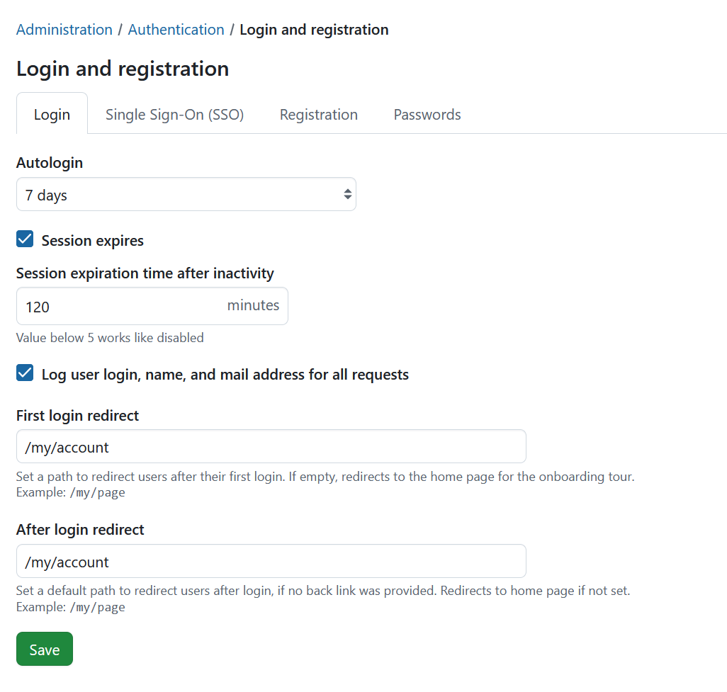 Login tab under login and registration settings in OpenProject system administration