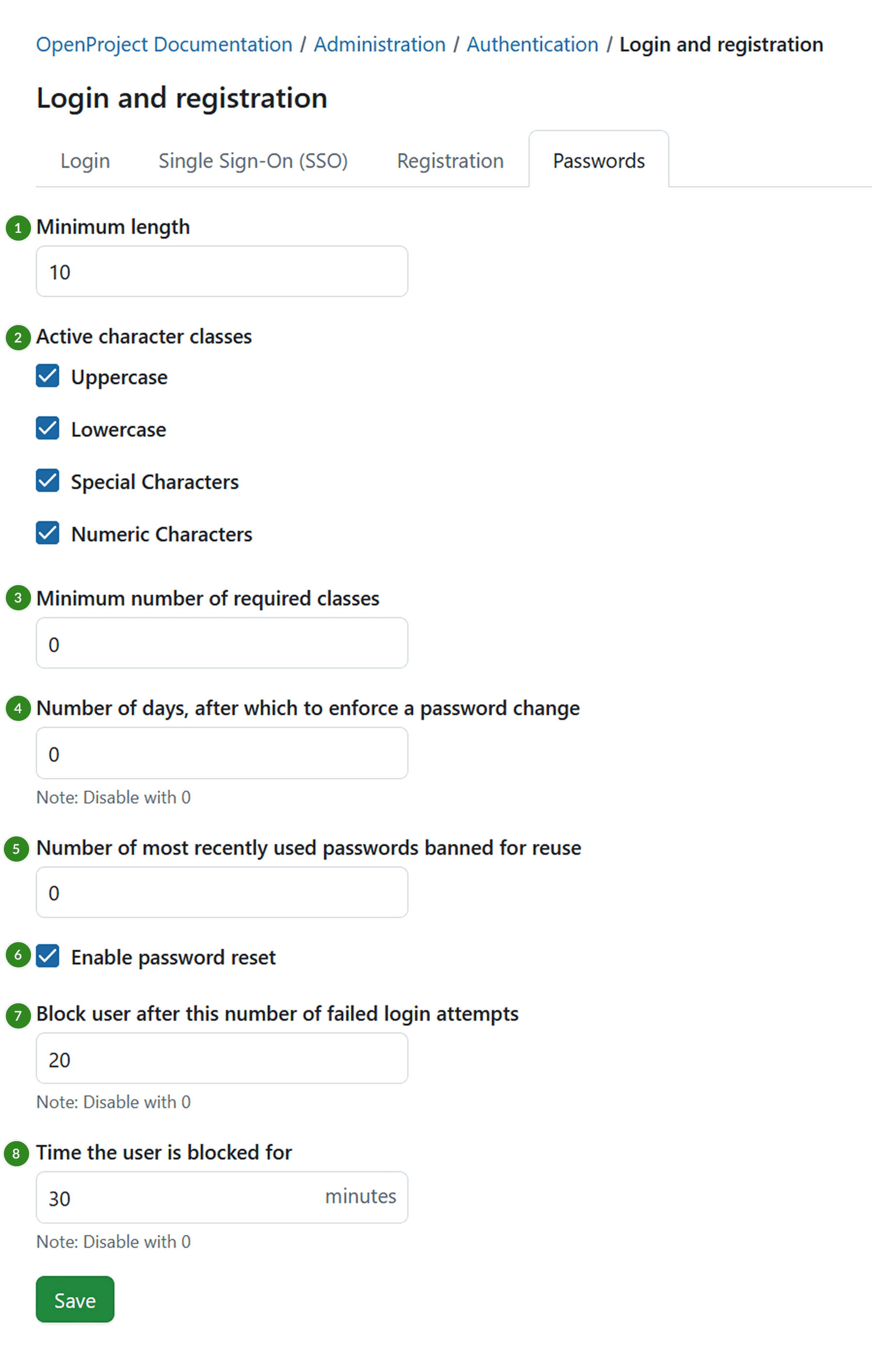 Password settings tab under Login and Registration section of authentication settings in OpenProject administration