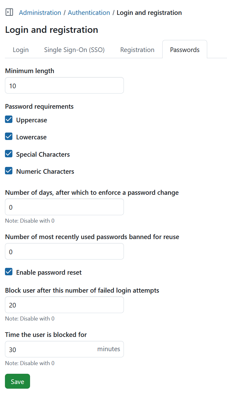 Password settings tab under Login and Registration section of authentication settings in OpenProject administration