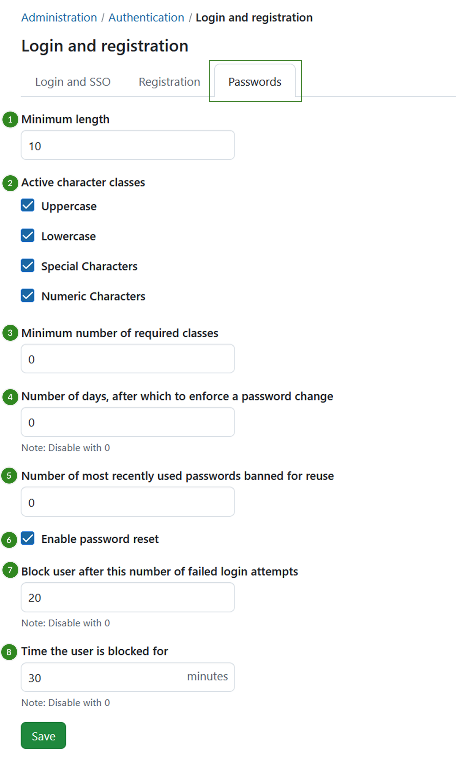 Password settings tab under Login and Registration section of authentication settings in OpenProject administration