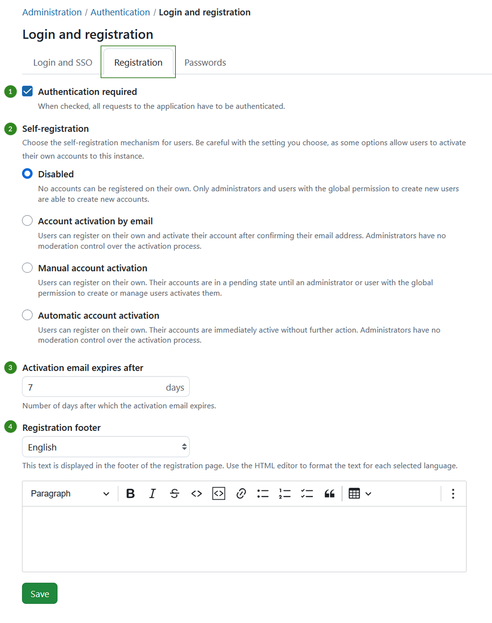 Registration tab under Login and Registration section of authentication settings in OpenProject administration
