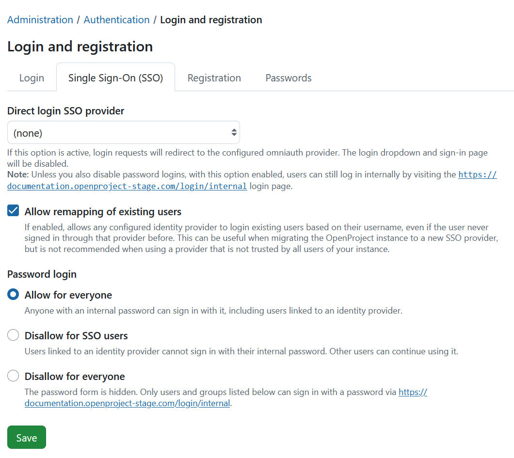 SSO tab under login and registration settings in OpenProject system administration
