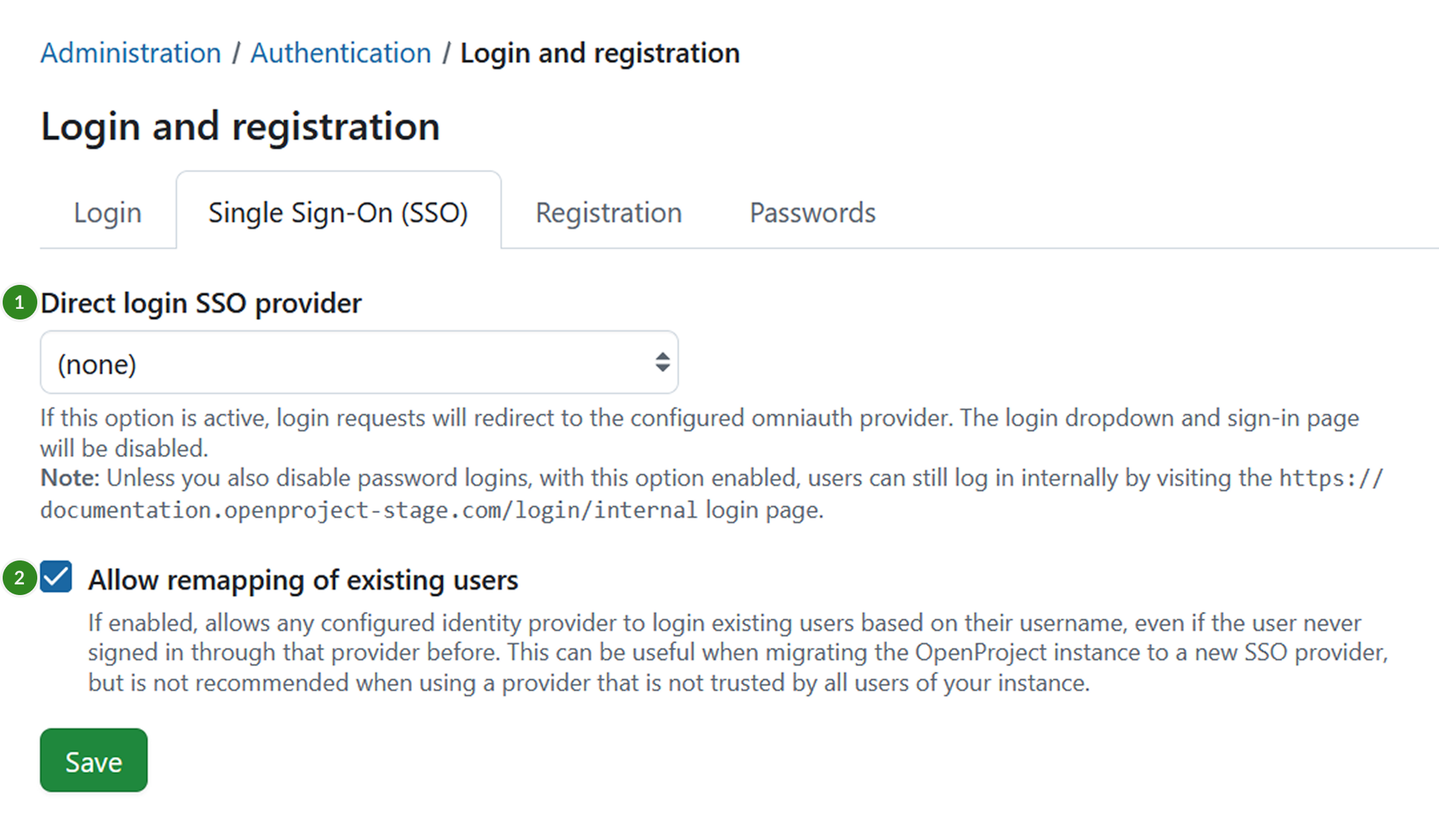 SSO tab under login and registration settings in OpenProject system administration