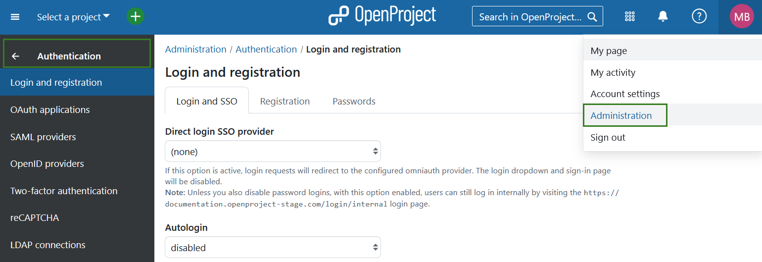 Authentication settings in OpenProject system administration