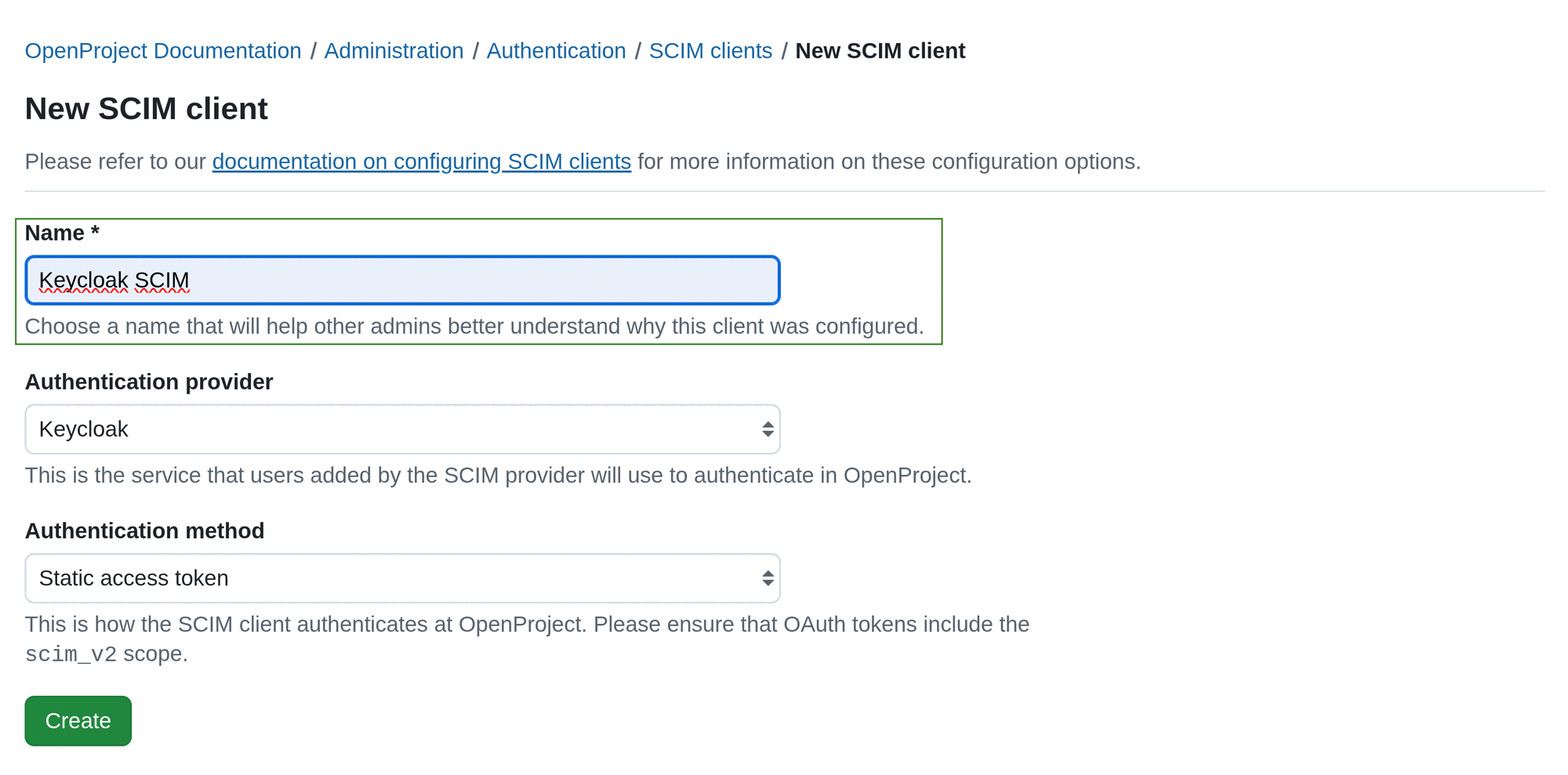 A SCIM client creation form in OpenProject administration, with the Name field highlighted and filled out