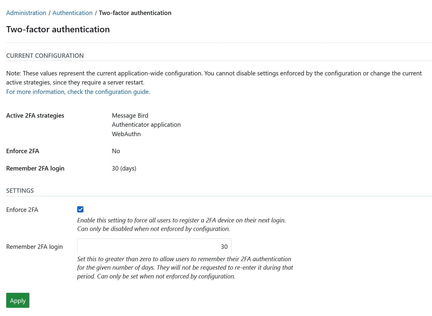 Two factor authentication in OpenProject administration