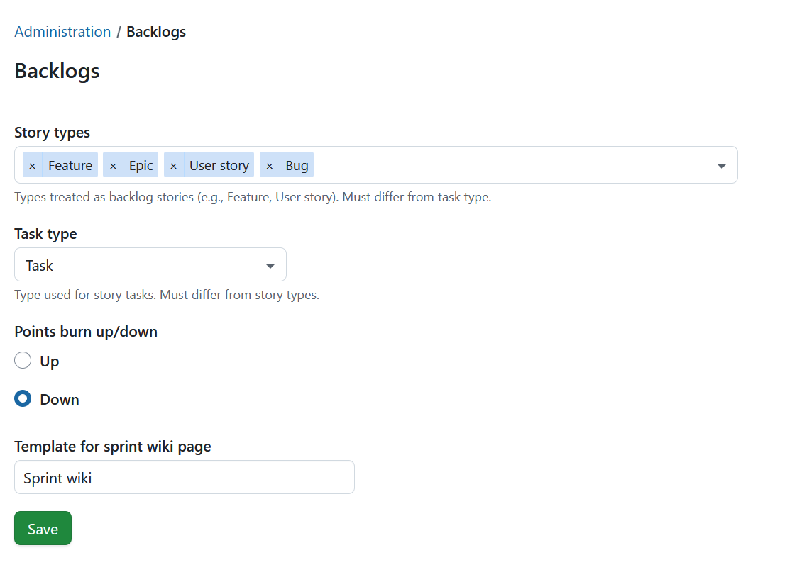Backlog settings in OpenProject administration