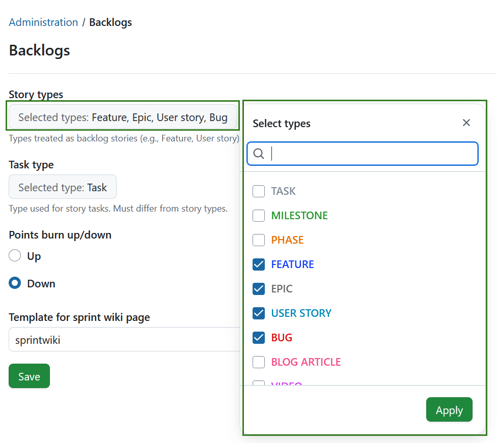 Select story types for sprints in Backlog administration settings in OpenProject