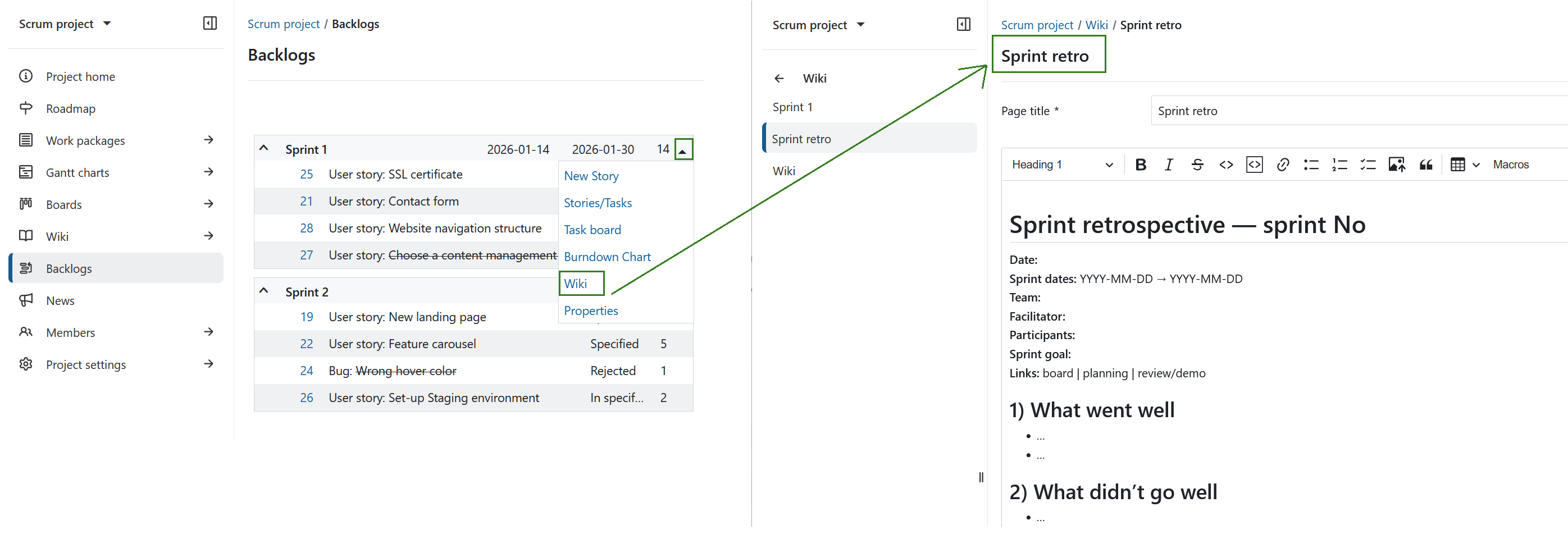 New wiki page created based on a backlogs wiki template in OpenProject