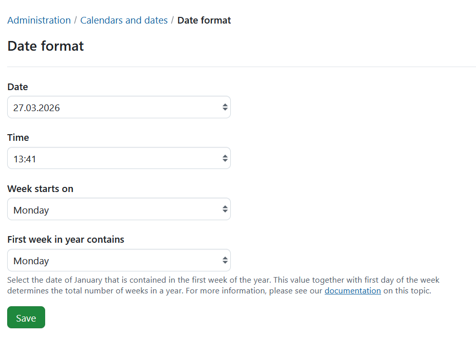Date format in OpenProject administration settings