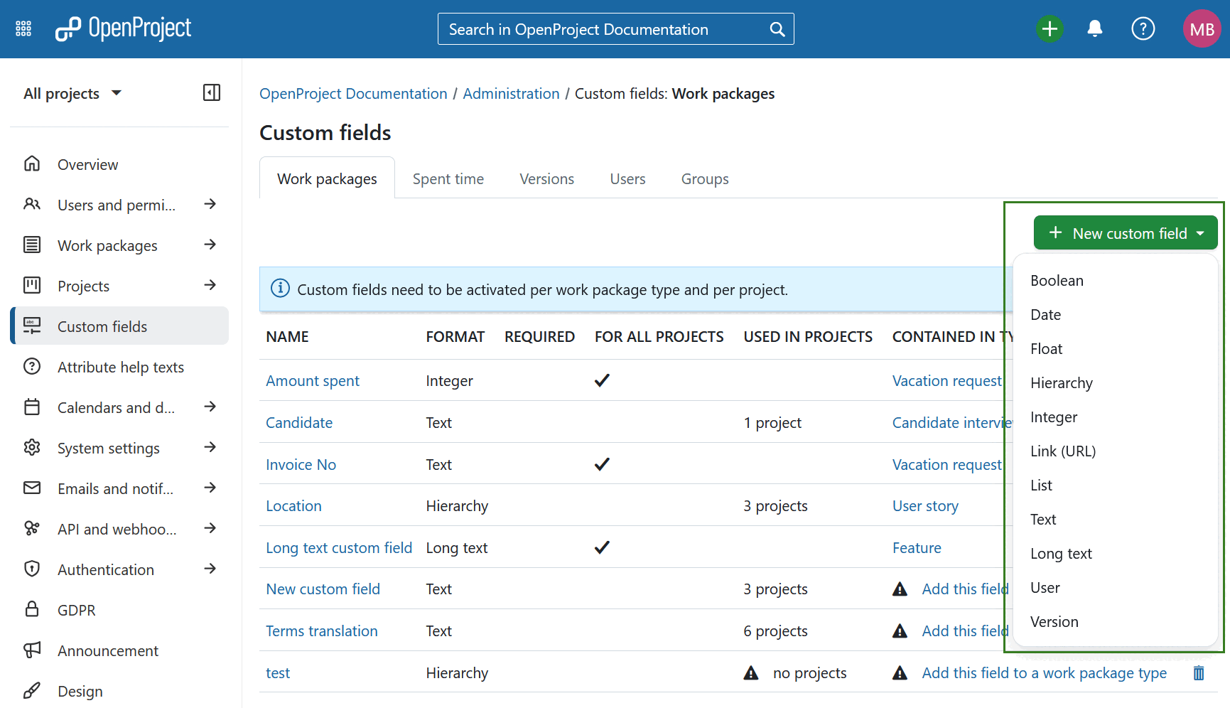 Custom fields in OpenProject administration settings