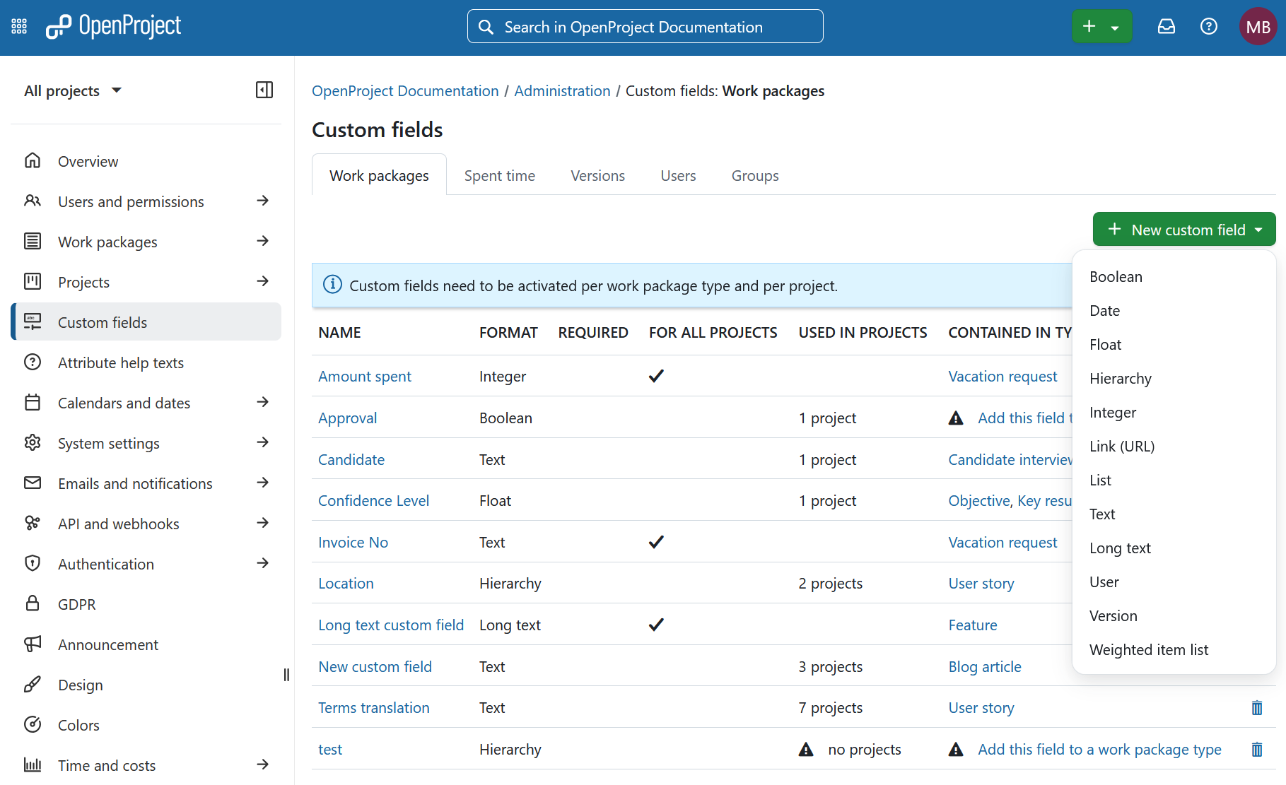 Custom fields in OpenProject administration settings