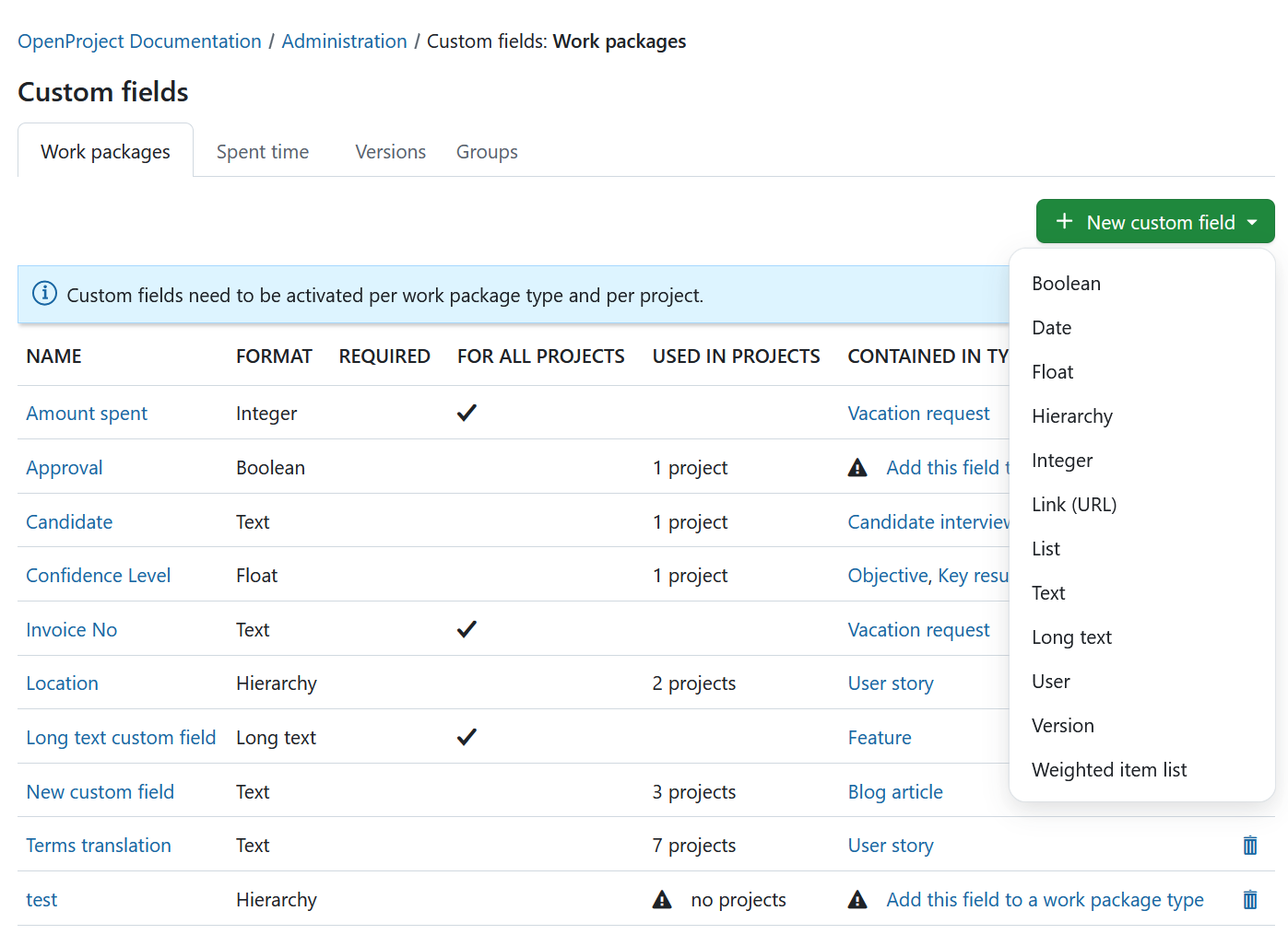 Custom fields in OpenProject administration settings