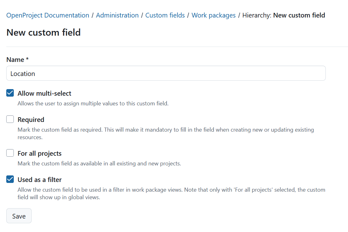 Create a new custom field of type hierarchy
