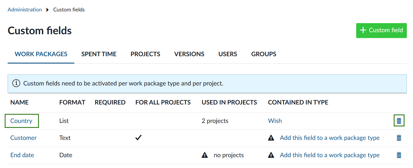 Edit or delete a custom field in OpenProject administration
