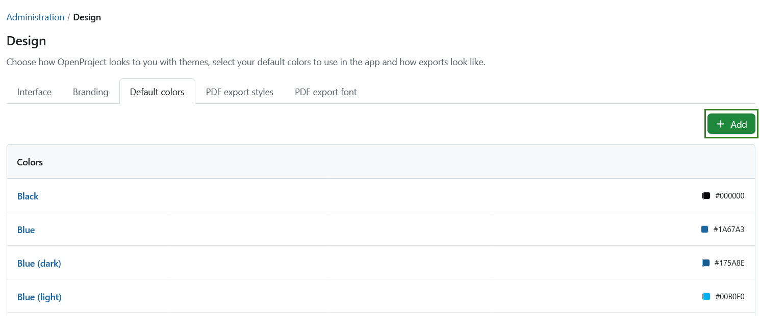 Add button for new color in OpenProject design settings
