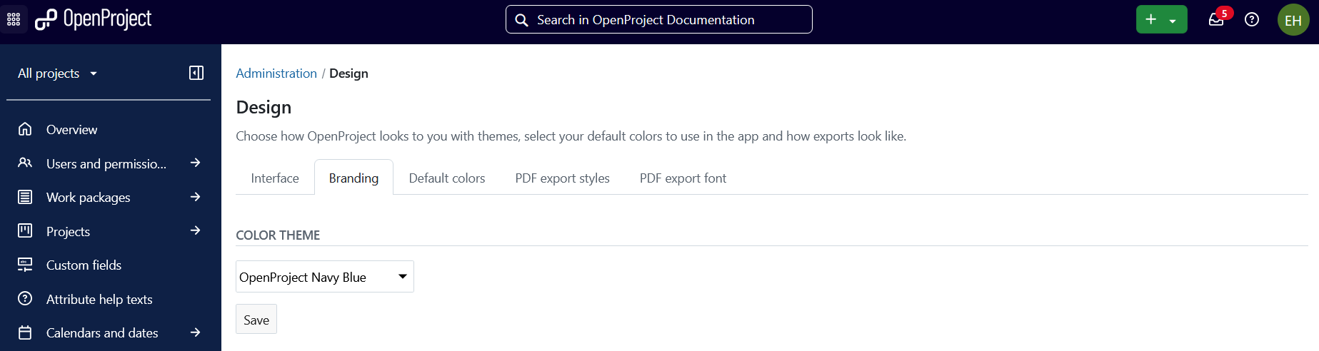 Change color theme in OpenProject administration settings