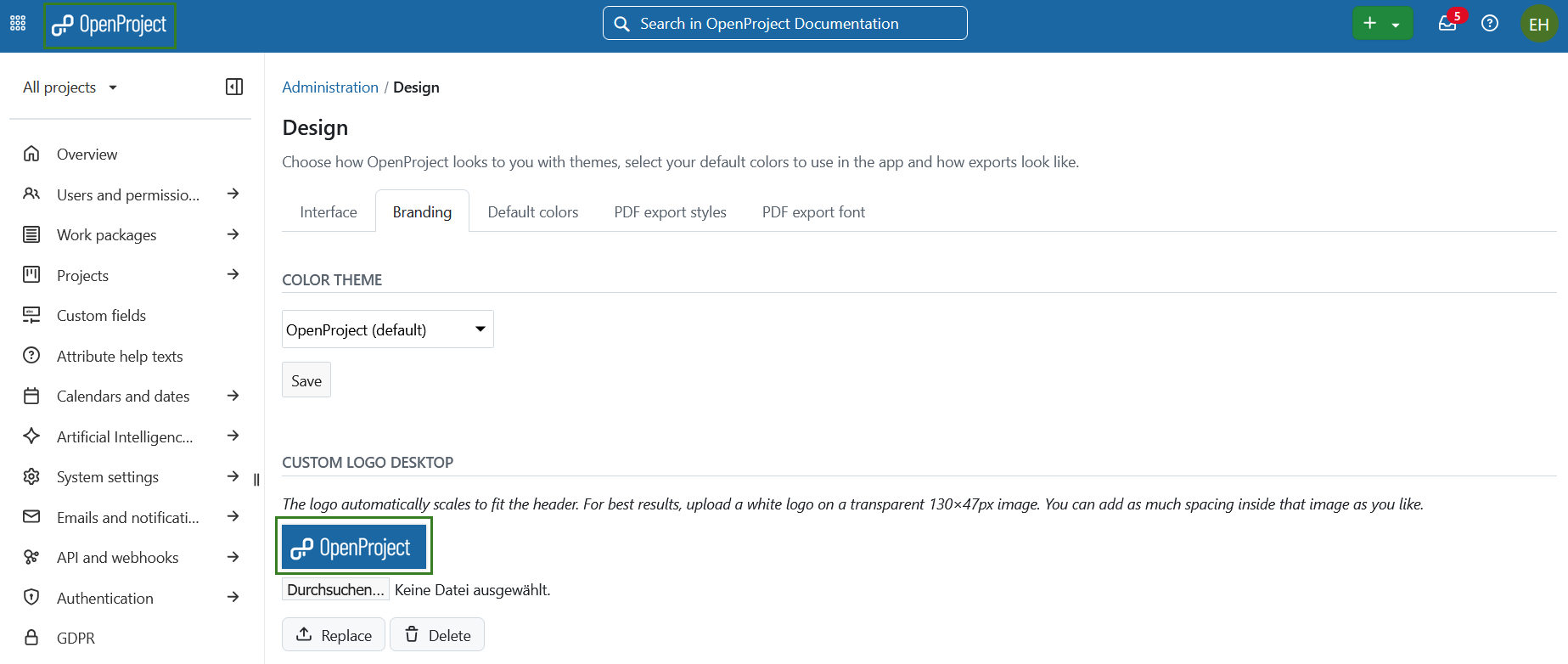 Custom logo updated in OpenProject administration