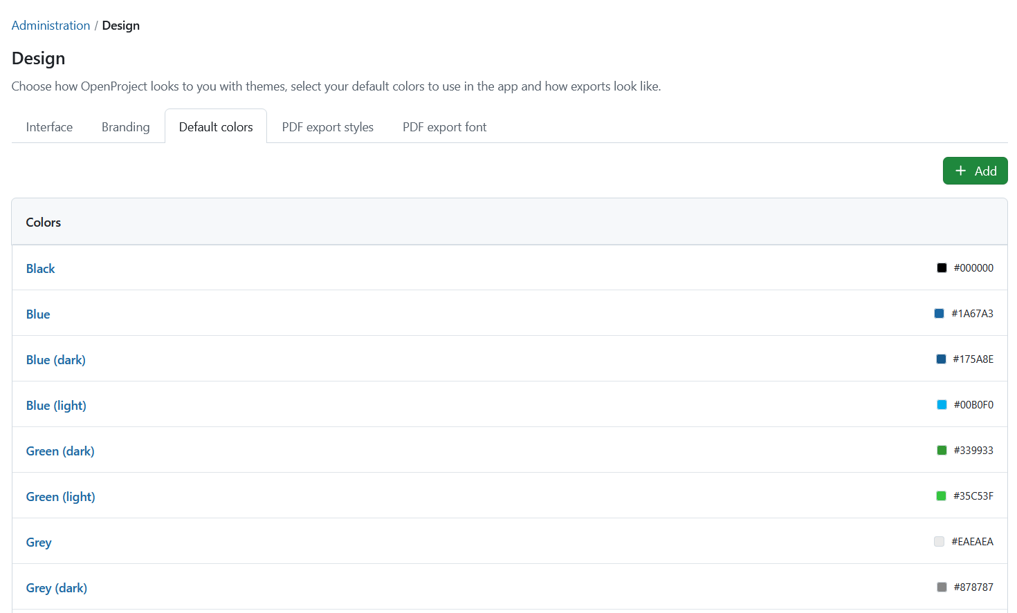 Default colors settings in OpenProject administration
