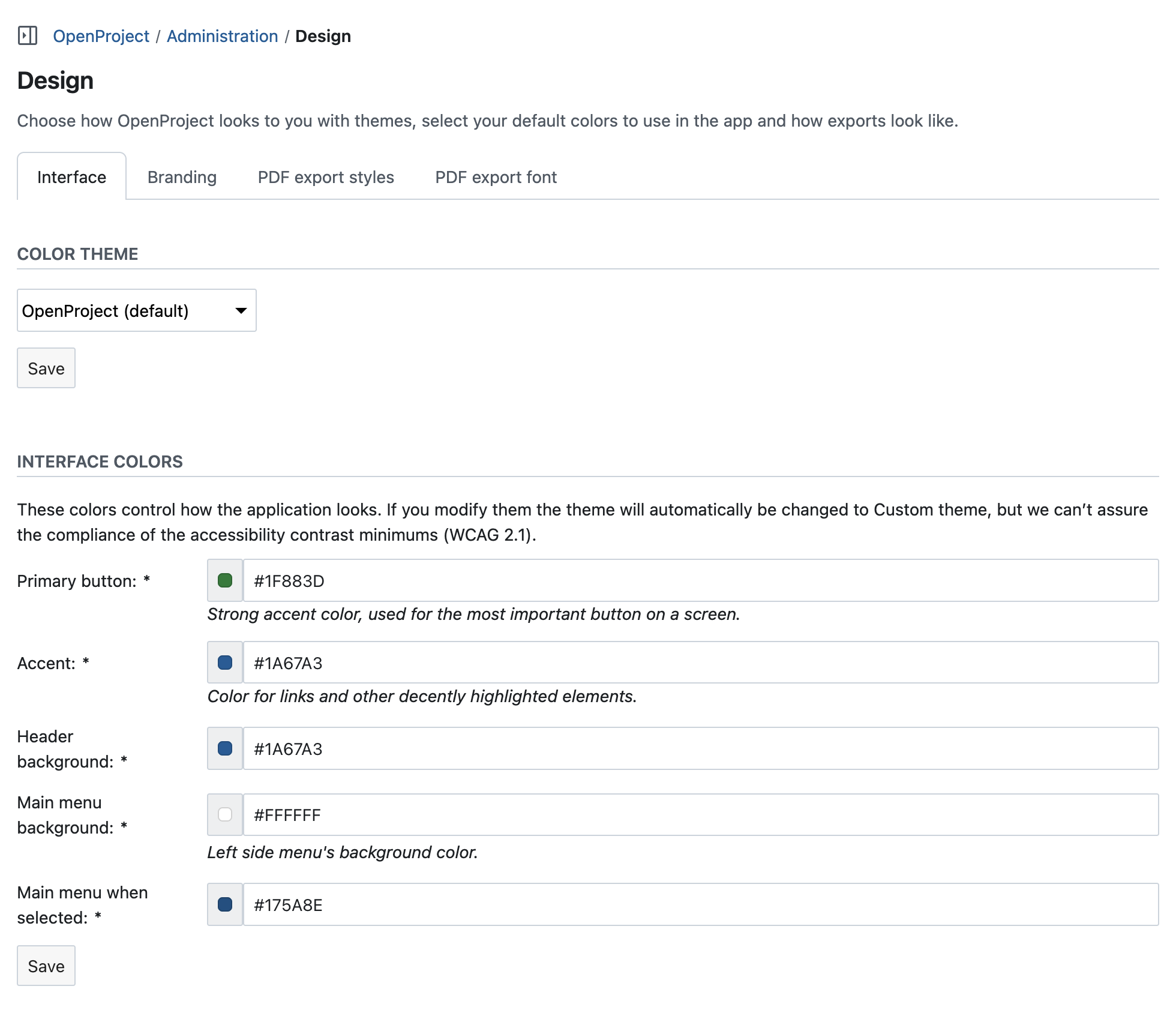 Design interface settings in OpenProject administration