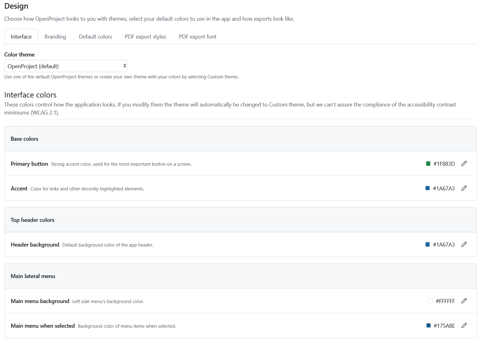 Design interface settings in OpenProject administration
