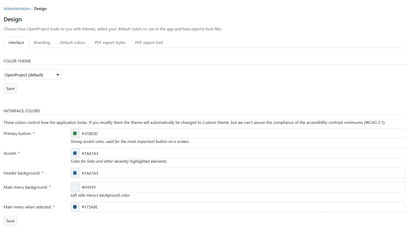 Design interface settings in OpenProject administration