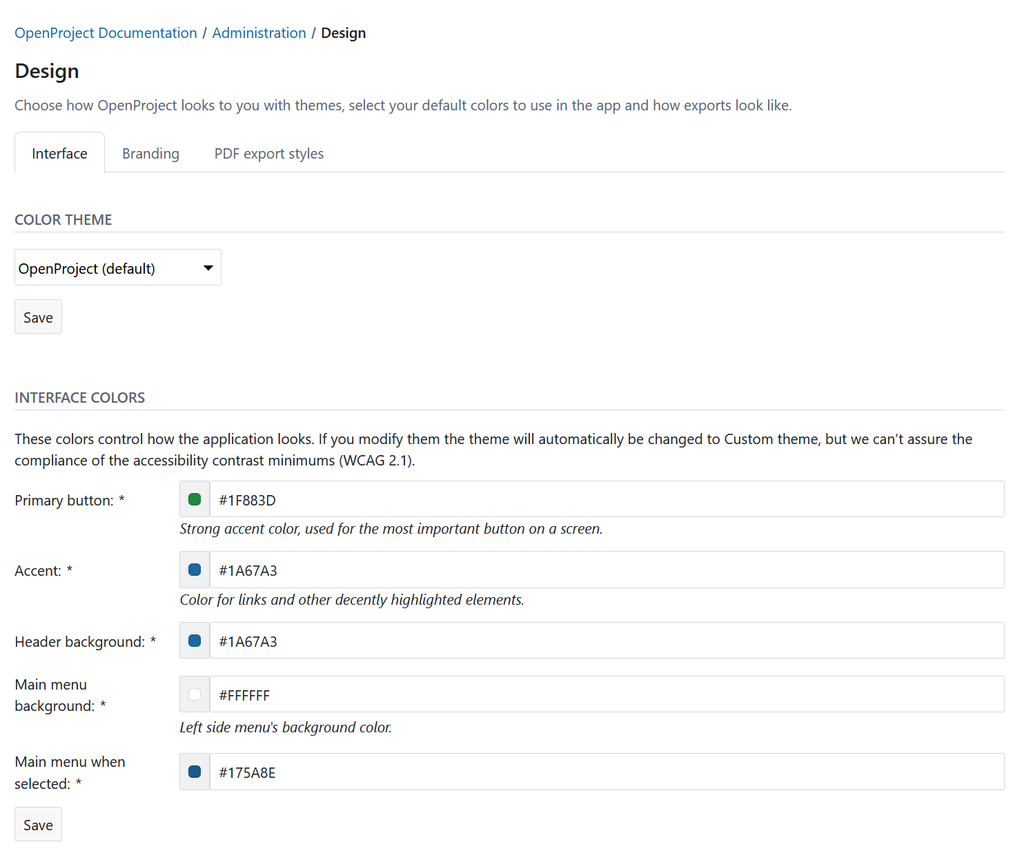 Design interface settings in OpenProject administration