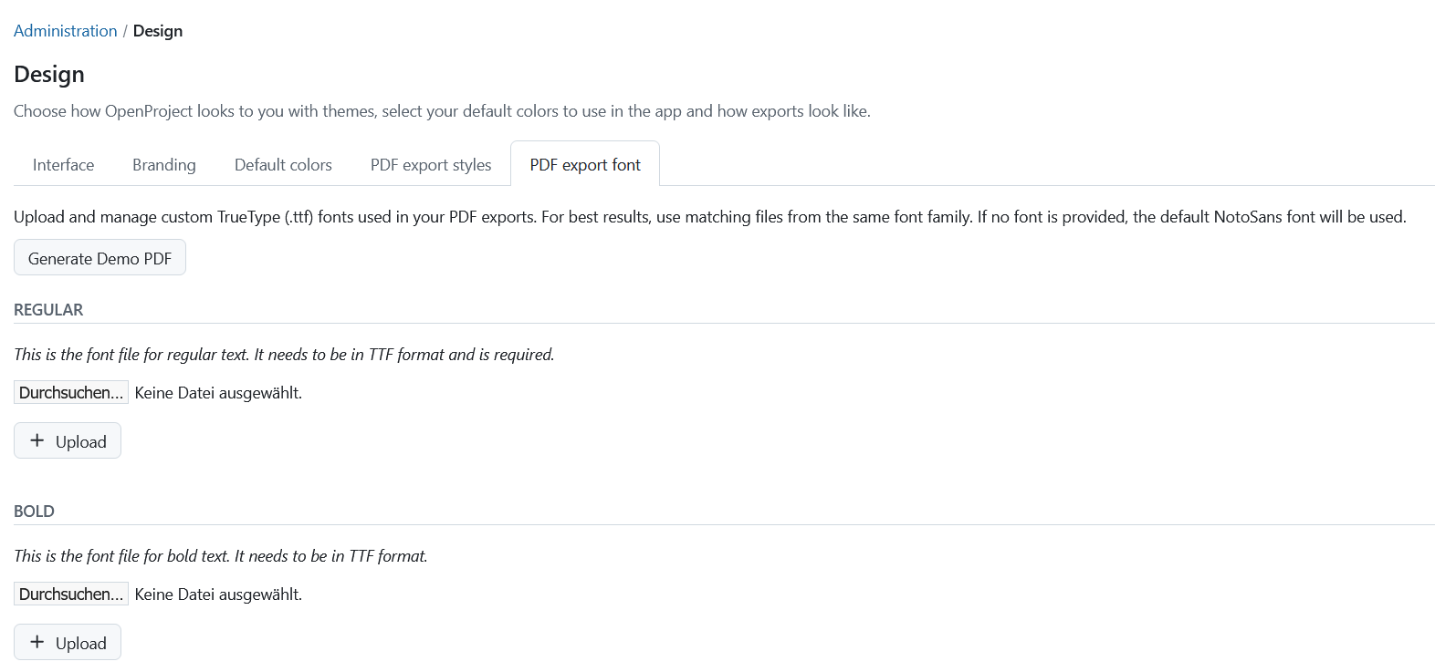 PDF export settings in openproject administration