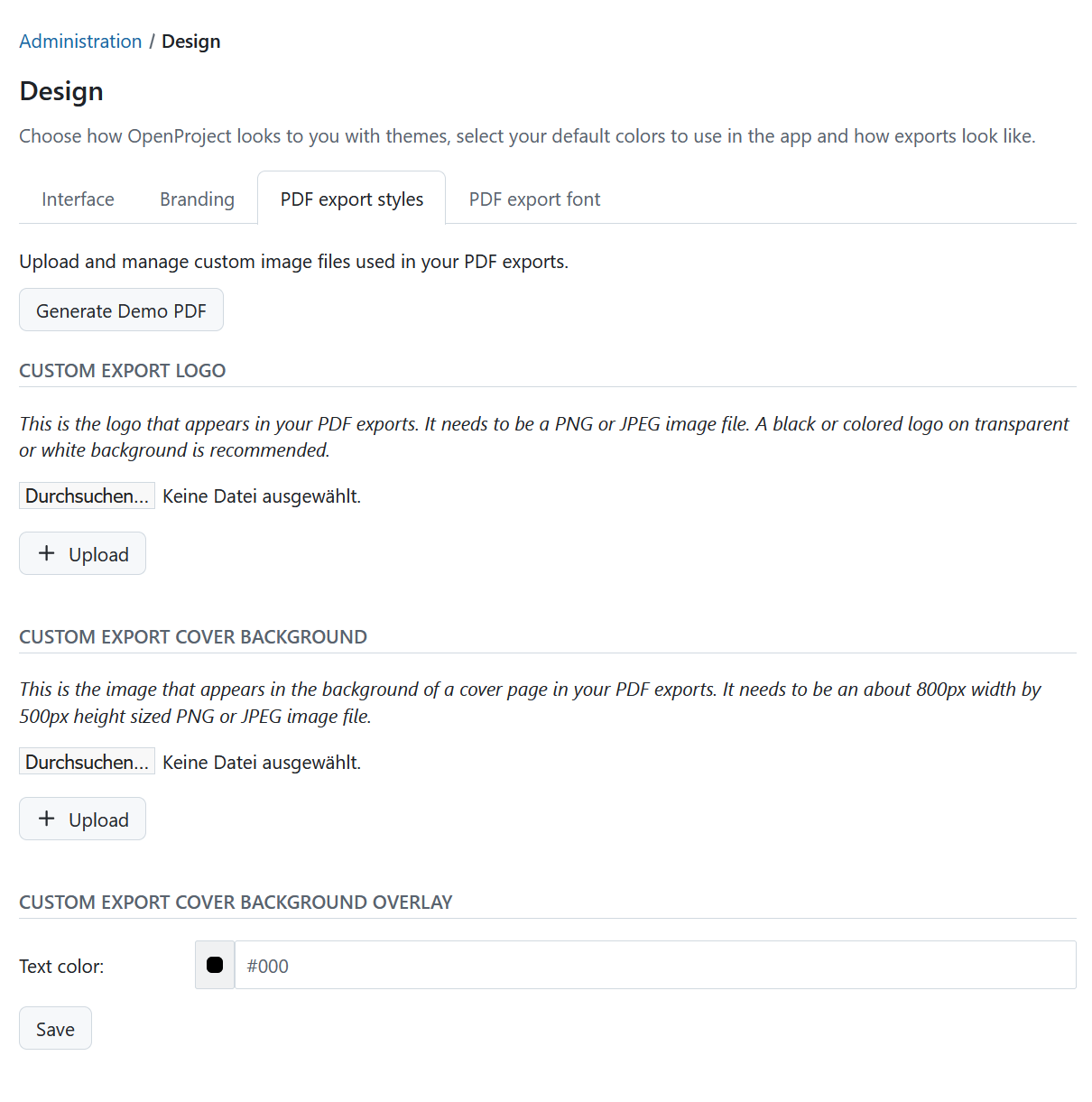 PDF export styles settings in OpenProject administration