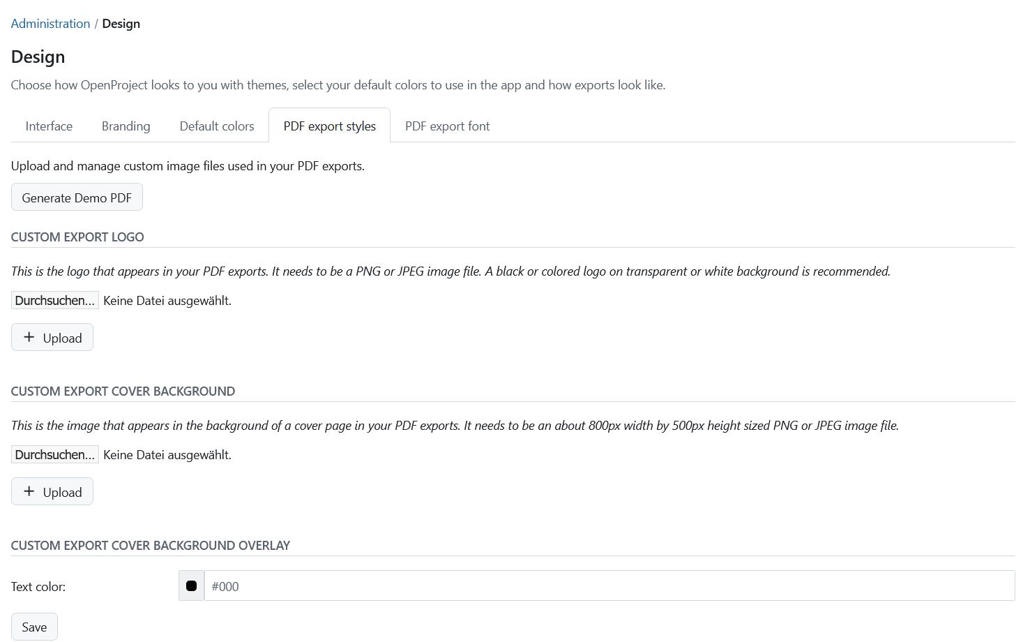 PDF export styles settings in OpenProject administration