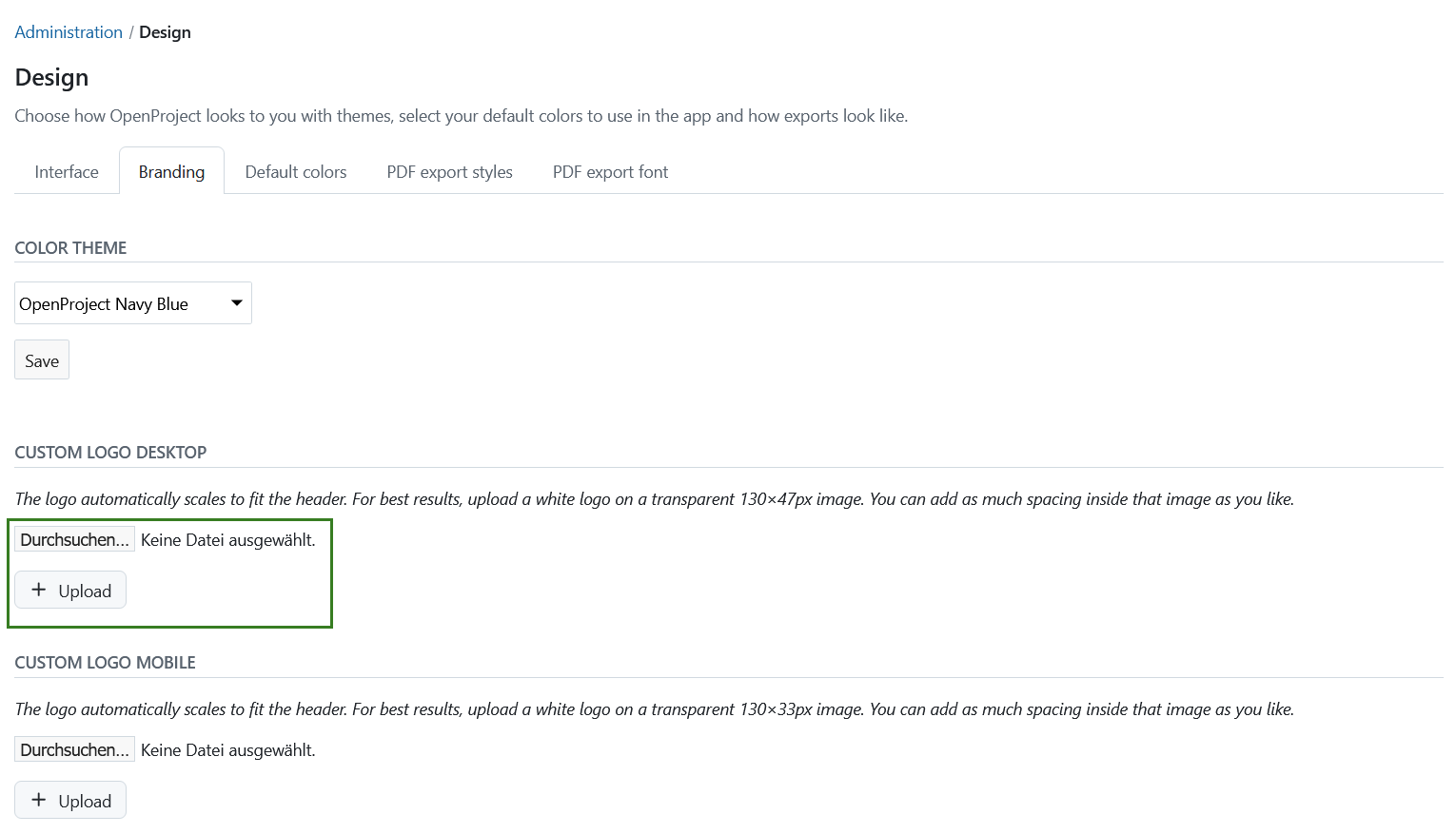 Upload custom logo in OpenProject administration settings