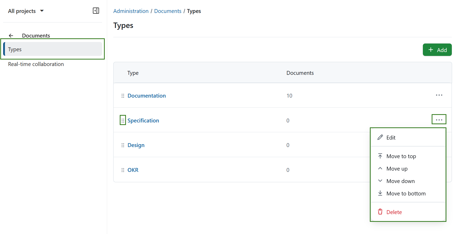 Document types overview in OpenProject administration