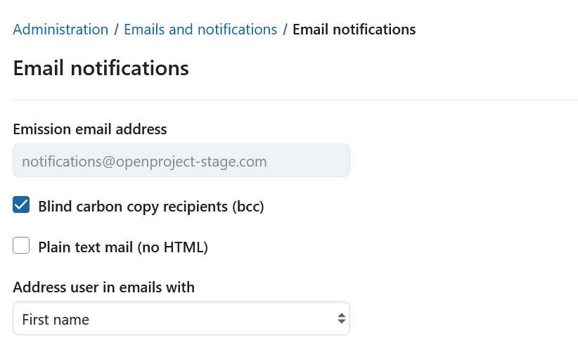 Setting email notifications in OpenProject administration