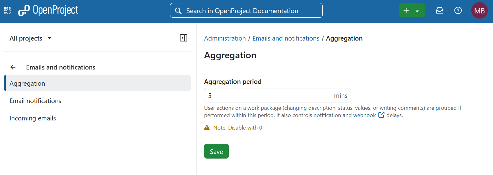 Administration setting email and notifications aggregation in OpenProject administration