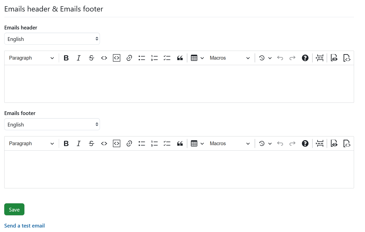 Administration setting email notifications header and footer