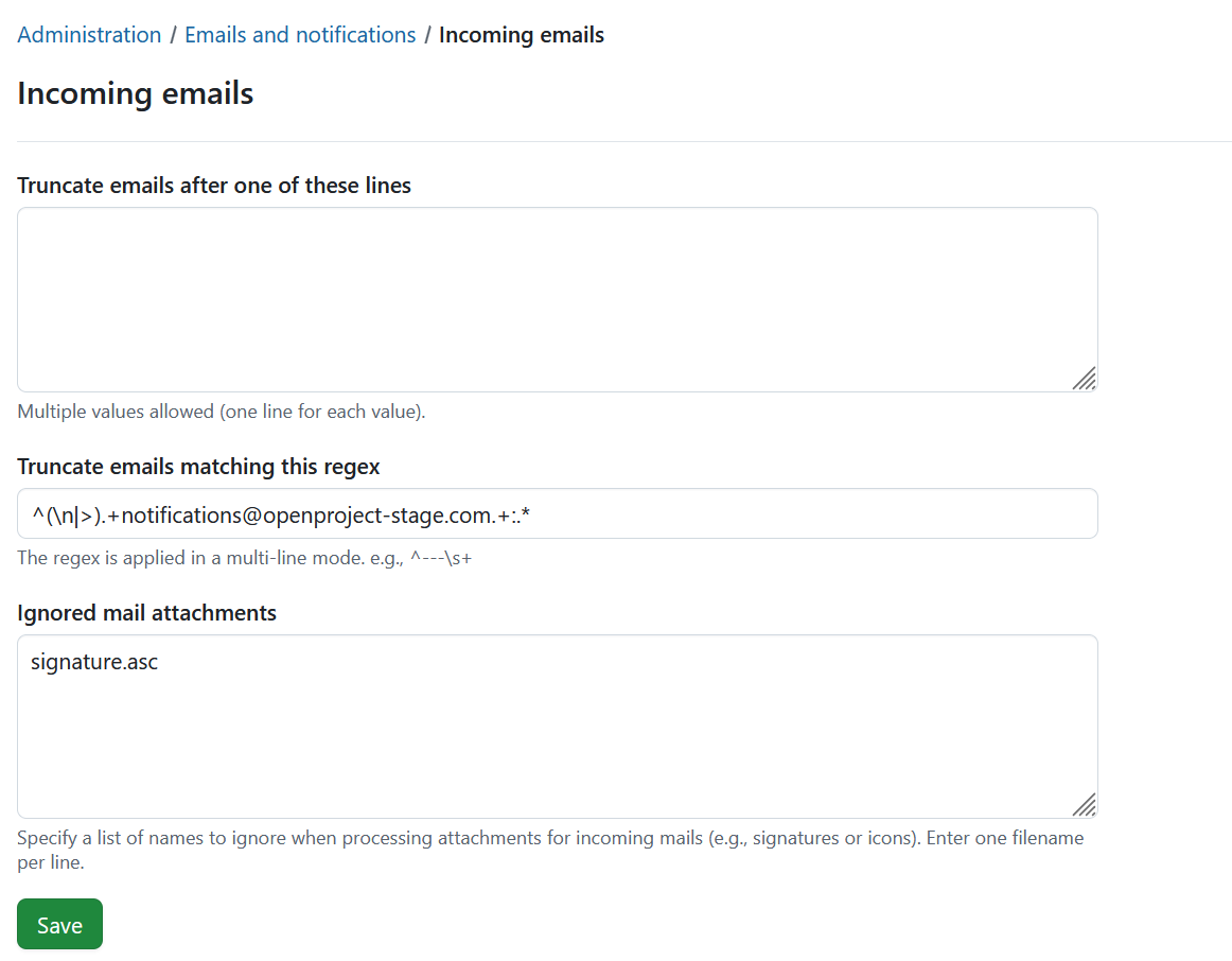 Adjust incoming emails in OpenProject administration settings