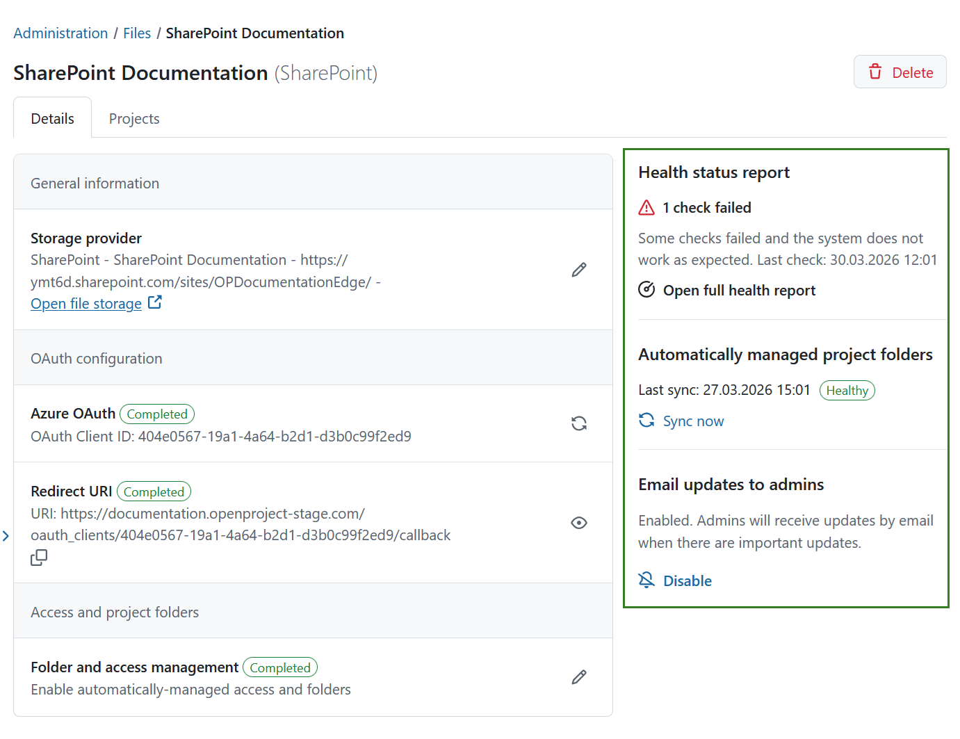 Health check for automatically managed folders in file storage integrations in OpenProject