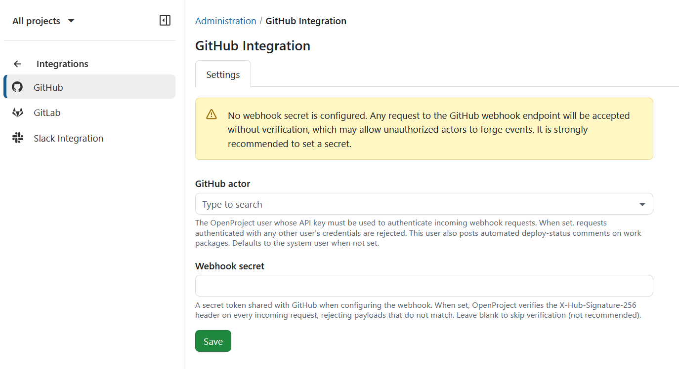 Administration settings to specify webhook secret for GitHub integraiton in OpenProject