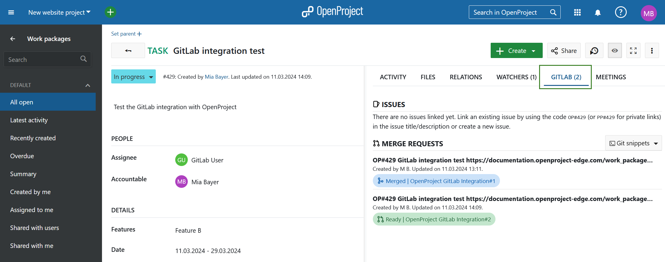 Gitlab tab in an OpenProject work package