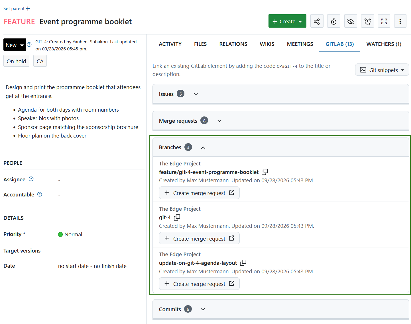 Linked GitLab branches shown under GitLab tab in an OpenProject work package