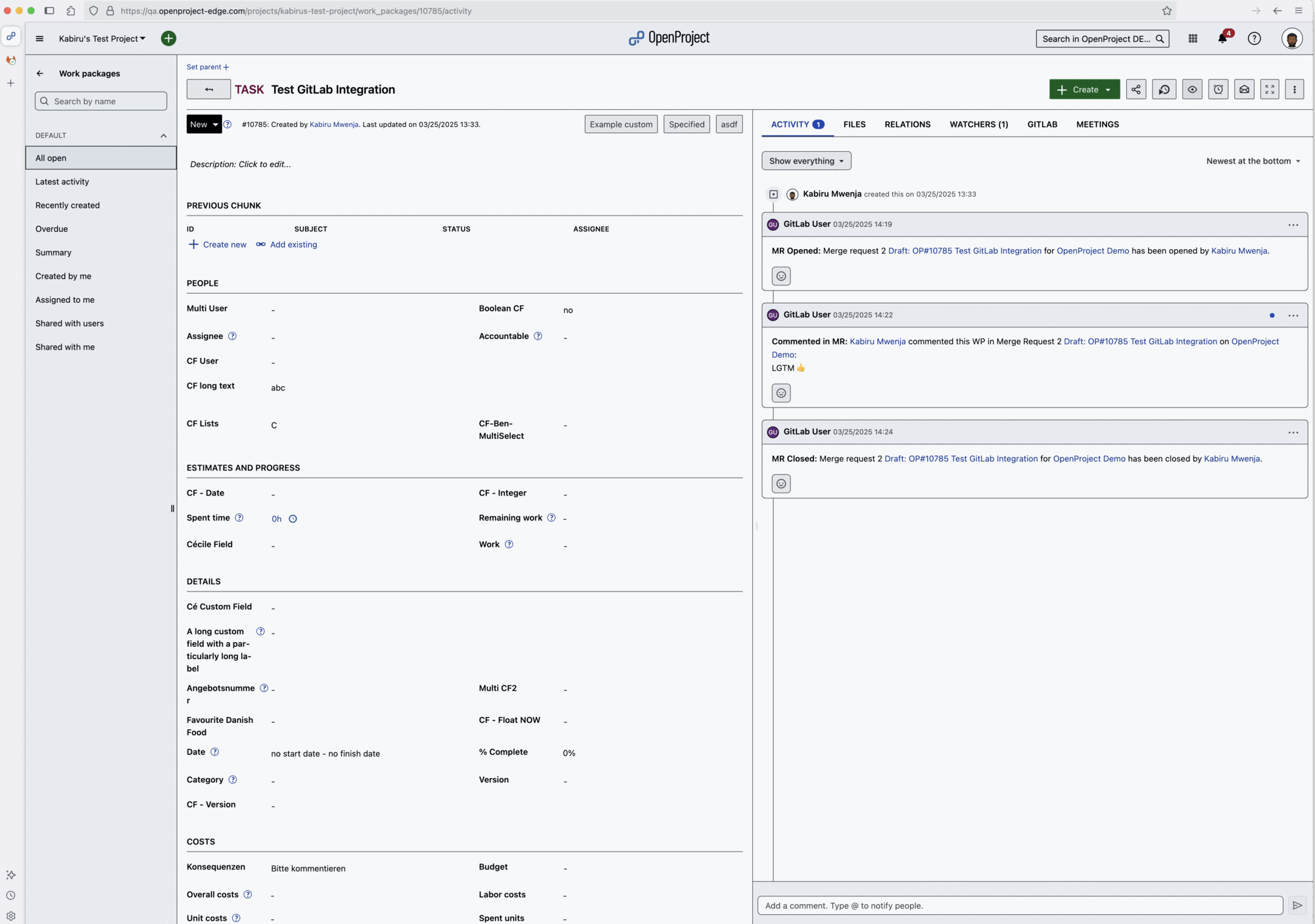 Work package in OpenProject showing GitLab tab and related merge request updates