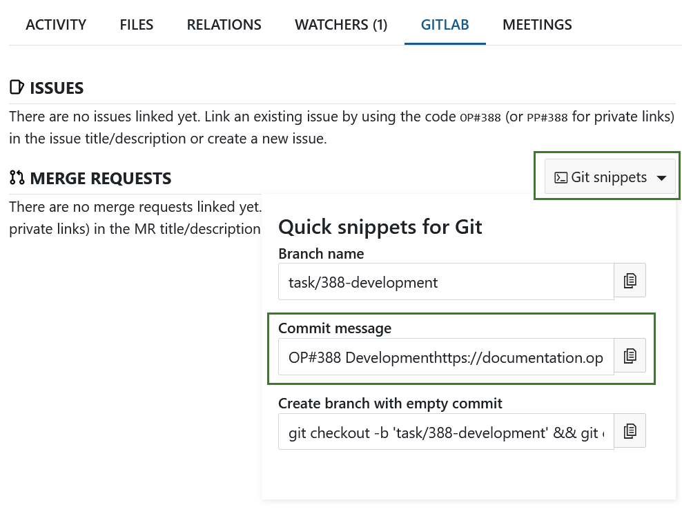 Copy a Git commit message in OpenProject