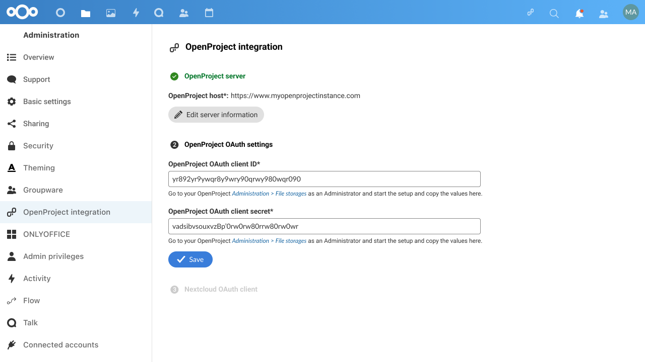 OAuth values generated by OpenProject are entered into Nextcloud app configuration