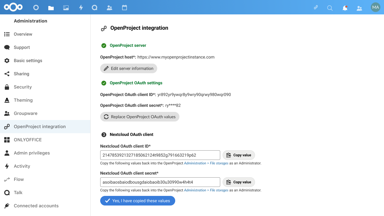 Nextcloud also generates OAuth values that need to be copied to OpenProject