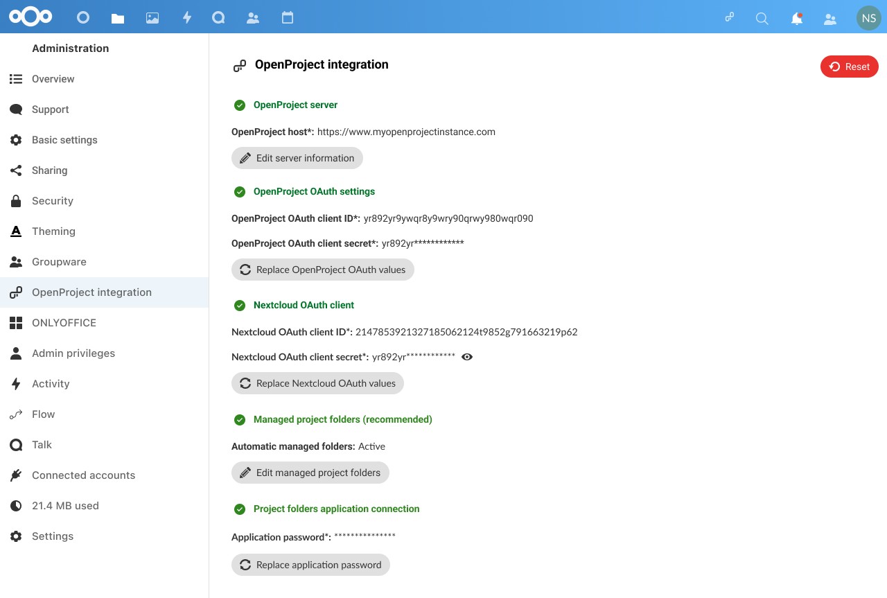 Integration successfully set up on the Nextcloud end, three green checks visible