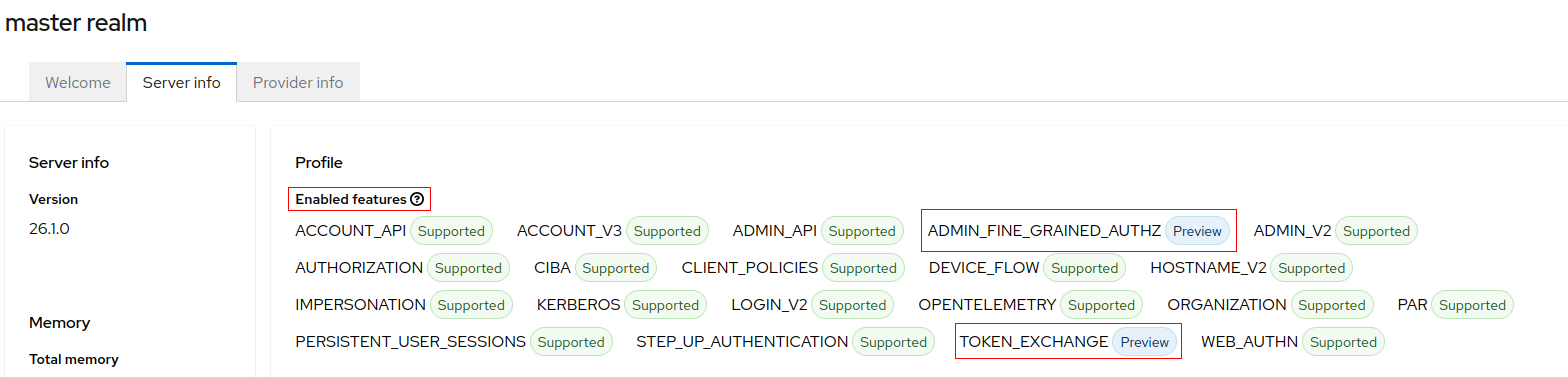 The Keycloak UI that shows enabled features