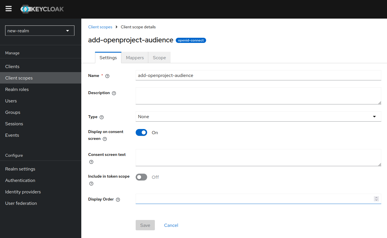 A newly saved client scope form