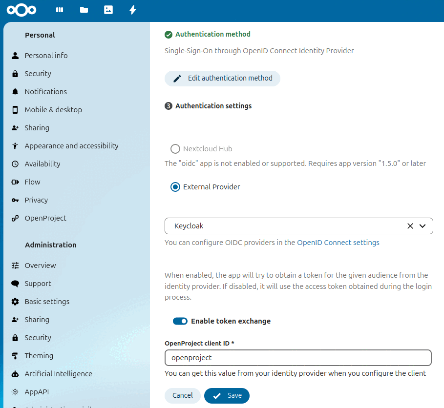 Nextcloud is configured to exchange tokens for the audience called openproject