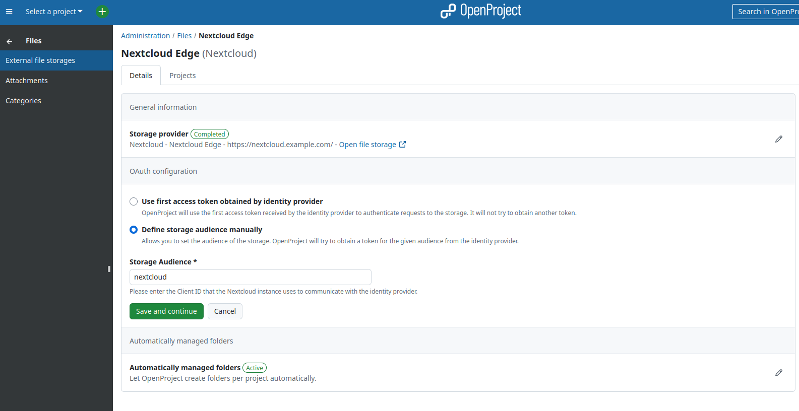 OpenProject is configured to manually exchange tokens for the audience called nextcloud