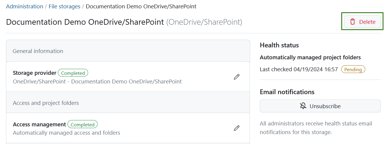 Delete icon for SharePoint integration in OpenProject system settings